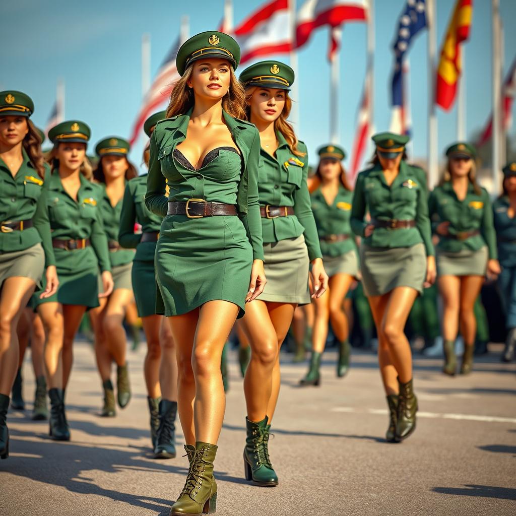 A stunning scene of hot female military officers in green skirt uniforms, showcasing their confident stance during a parade