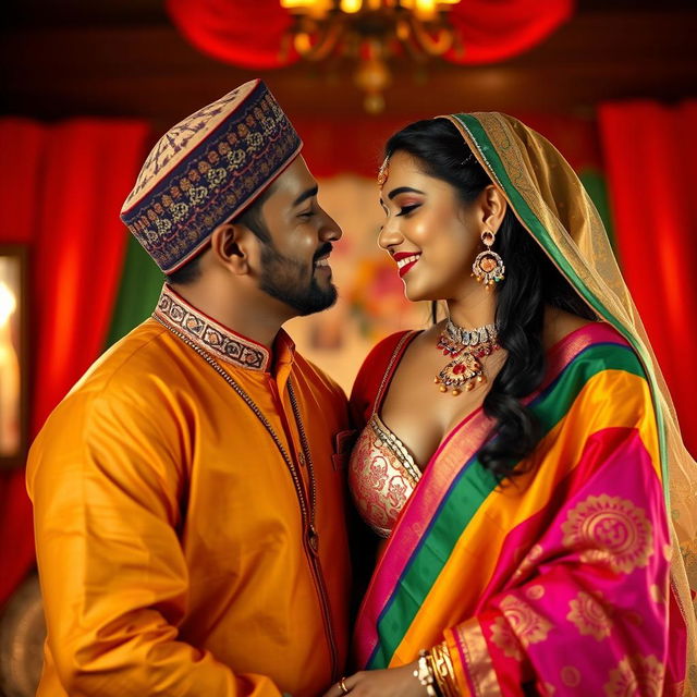 A vibrant, intimate scene depicting a Muslim man wearing a traditional Muslim cap engaging in a romantic moment with a woman dressed in a colorful saree, while she wears a stylish bra underneath