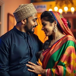 A vibrant, intimate scene depicting a Muslim man wearing a traditional Muslim cap engaging in a romantic moment with a woman dressed in a colorful saree, while she wears a stylish bra underneath