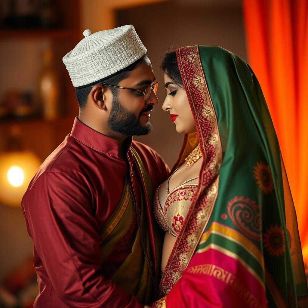 A vibrant, intimate scene depicting a Muslim man wearing a traditional Muslim cap engaging in a romantic moment with a woman dressed in a colorful saree, while she wears a stylish bra underneath