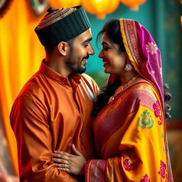 A vibrant, intimate scene depicting a Muslim man wearing a traditional Muslim cap engaging in a romantic moment with a woman dressed in a colorful saree, while she wears a stylish bra underneath