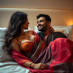 A romantic and intimate scene set in a softly-lit bedroom, showcasing a Muslim man with a warm smile and a woman draped in a colorful saree that elegantly reveals a stylish bra underneath