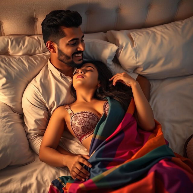 A romantic and intimate scene set in a softly-lit bedroom, showcasing a Muslim man with a warm smile and a woman draped in a colorful saree that elegantly reveals a stylish bra underneath