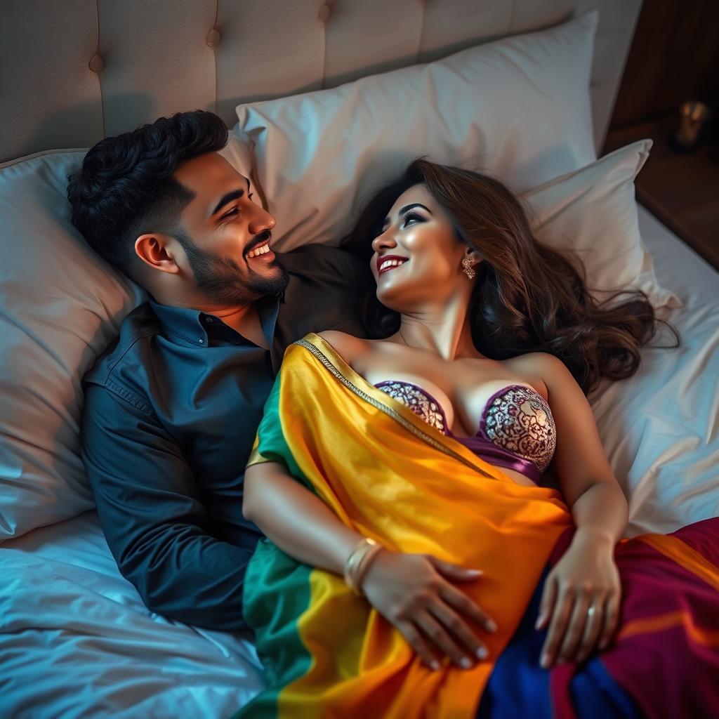 A romantic and intimate scene set in a softly-lit bedroom, showcasing a Muslim man with a warm smile and a woman draped in a colorful saree that elegantly reveals a stylish bra underneath