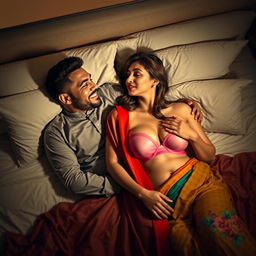 A romantic and intimate scene set in a softly-lit bedroom, showcasing a Muslim man with a warm smile and a woman draped in a colorful saree that elegantly reveals a stylish bra underneath
