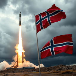 A perilous scene featuring the launch of a dangerous nuclear missile, showcasing the missile's robust and intimidating design as it lifts off from a launch pad
