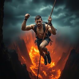 A man climbing a rope, with a dramatic backdrop of a fiery chasm below him
