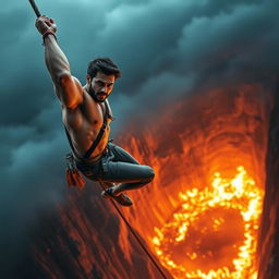 A man climbing a rope, with a dramatic backdrop of a fiery chasm below him