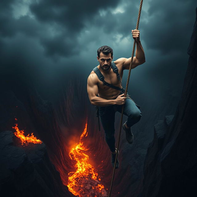 A man climbing a rope, with a dramatic backdrop of a fiery chasm below him