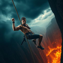 A man climbing a rope, with a dramatic backdrop of a fiery chasm below him