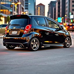 A customized 2007 Chevrolet Spark, featuring a sleek exterior with a glossy black paint job and chrome accents, showcasing its sporty modifications like a lowered suspension, aftermarket alloy wheels, and tinted windows