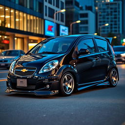A customized 2007 Chevrolet Spark, featuring a sleek exterior with a glossy black paint job and chrome accents, showcasing its sporty modifications like a lowered suspension, aftermarket alloy wheels, and tinted windows