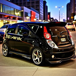 A customized 2007 Chevrolet Spark, featuring a sleek exterior with a glossy black paint job and chrome accents, showcasing its sporty modifications like a lowered suspension, aftermarket alloy wheels, and tinted windows