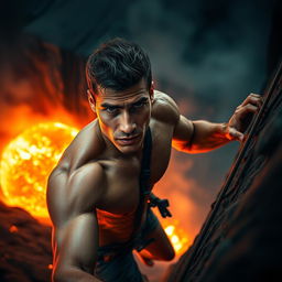 A determined man climbing a steep slope, sweat glistening on his brow
