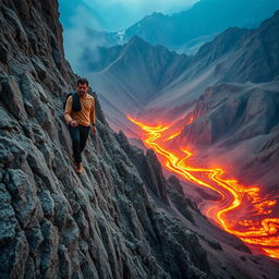 A man climbing a rugged rocky surface, with intense flames roaring in a valley below him