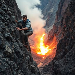 A man climbing a rugged rocky surface, with intense flames roaring in a valley below him