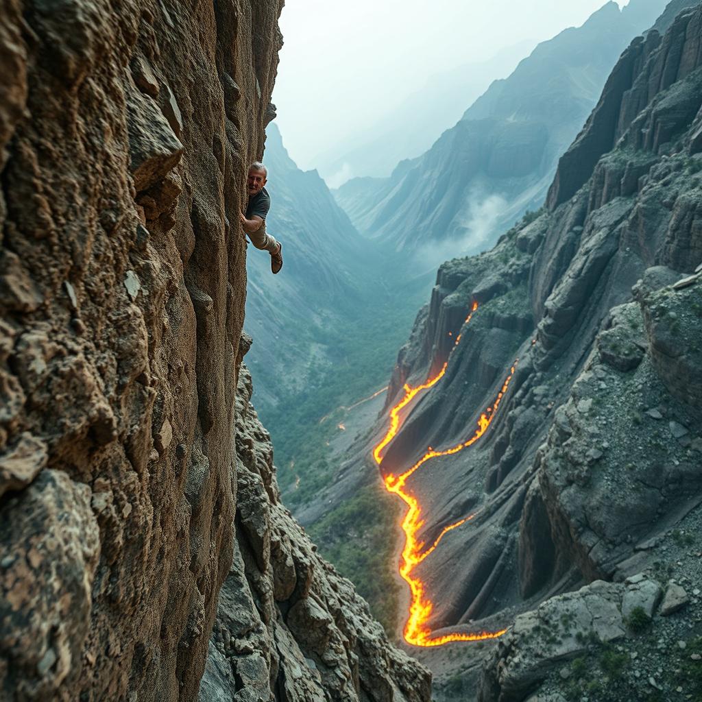 A man climbing a rugged rocky surface, with intense flames roaring in a valley below him