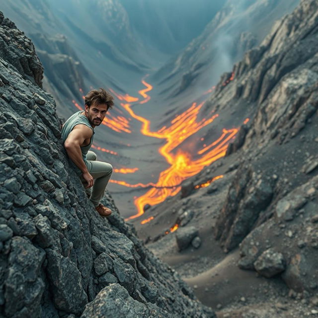 A man climbing a rugged rocky surface, with intense flames roaring in a valley below him