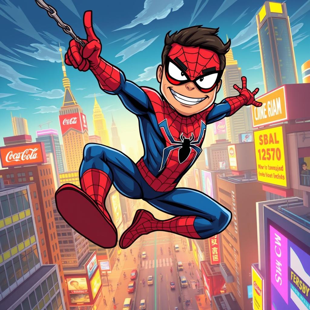 Ahmadinejad dressed as Spider-Man, swinging through a vibrant cityscape, showcasing his signature style with a playful twist