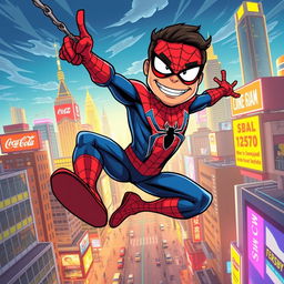 Ahmadinejad dressed as Spider-Man, swinging through a vibrant cityscape, showcasing his signature style with a playful twist