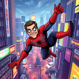 Ahmadinejad dressed as Spider-Man, swinging through a vibrant cityscape, showcasing his signature style with a playful twist