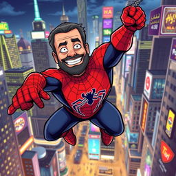 Ahmadinejad dressed as Spider-Man, swinging through a vibrant cityscape, showcasing his signature style with a playful twist