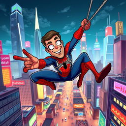 Ahmadinejad dressed as Spider-Man, swinging through a vibrant cityscape, showcasing his signature style with a playful twist