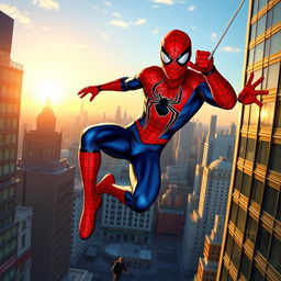 Mahmoud Ahmadinejad as Spider-Man, dressed in a vibrant Spider-Man costume with the iconic web pattern