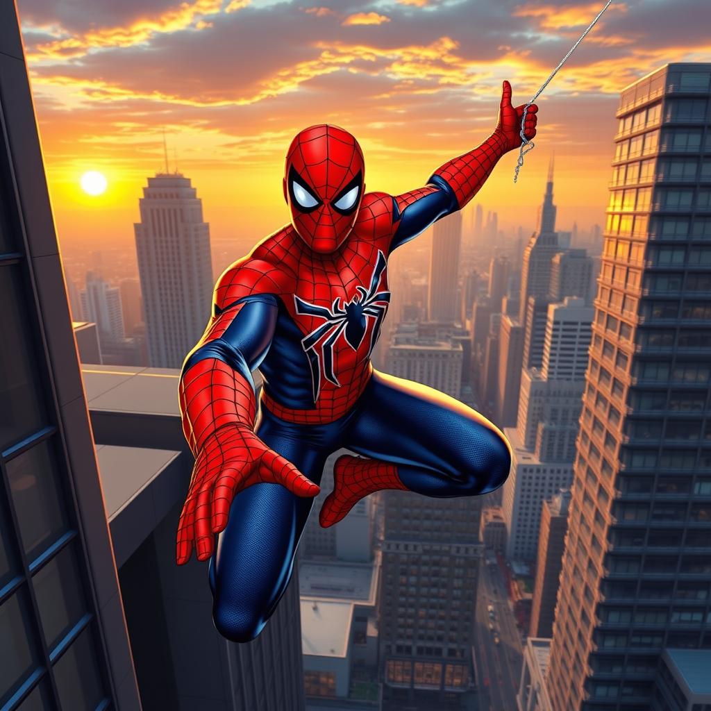 Mahmoud Ahmadinejad as Spider-Man, dressed in a vibrant Spider-Man costume with the iconic web pattern