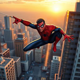Mahmoud Ahmadinejad as Spider-Man, dressed in a vibrant Spider-Man costume with the iconic web pattern