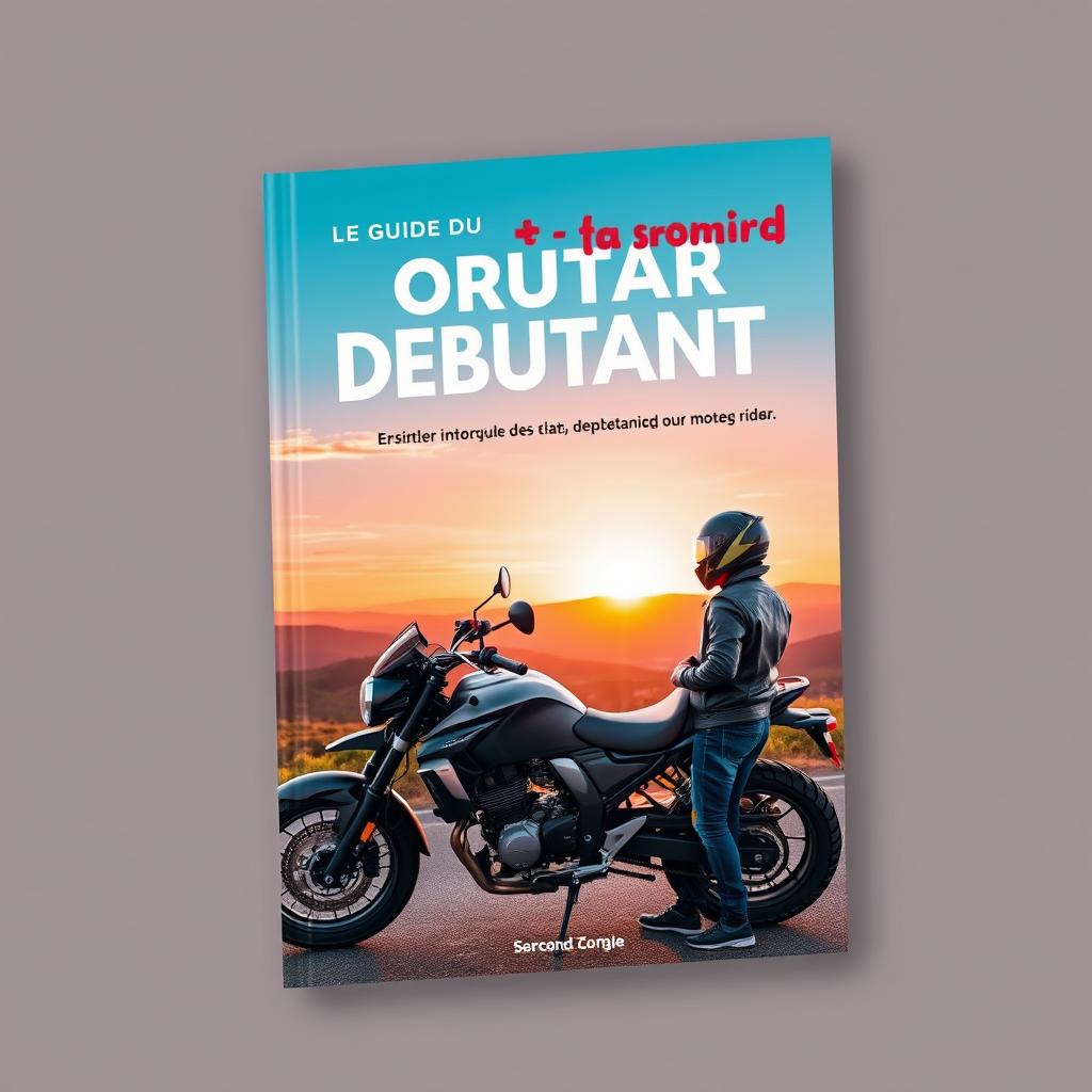 A vibrant cover design for a book titled 'Le Guide du Motard Débutant' featuring a stylish motorcycle parked on a scenic road