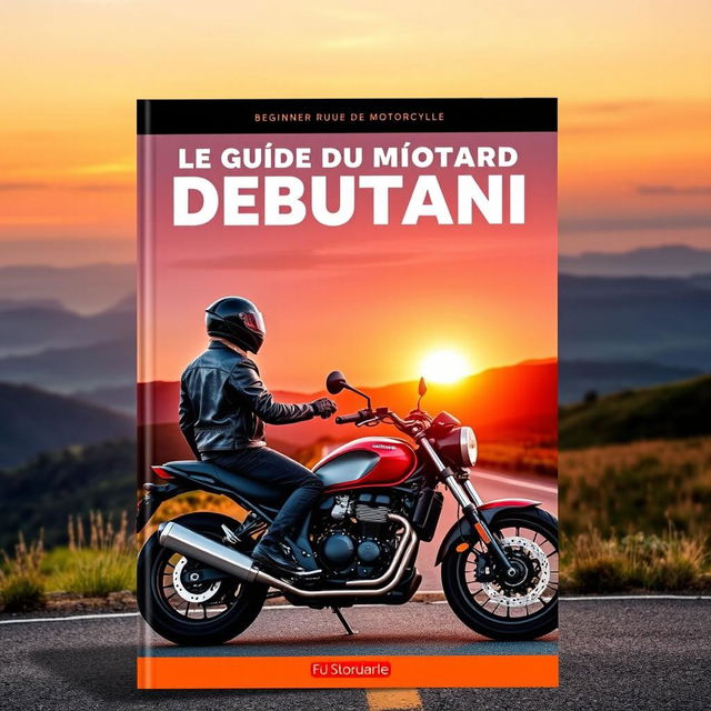 A vibrant cover design for a book titled 'Le Guide du Motard Débutant' featuring a stylish motorcycle parked on a scenic road