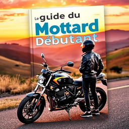 A vibrant cover design for a book titled 'Le Guide du Motard Débutant' featuring a stylish motorcycle parked on a scenic road