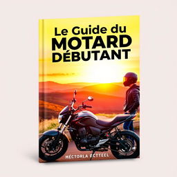 A vibrant cover design for a book titled 'Le Guide du Motard Débutant' featuring a stylish motorcycle parked on a scenic road
