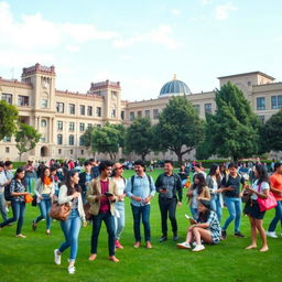 A vibrant and dynamic campus scene at Tehran University, showcasing a diverse group of university students in a friendly atmosphere
