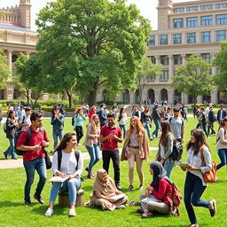 A vibrant and dynamic campus scene at Tehran University, showcasing a diverse group of university students in a friendly atmosphere