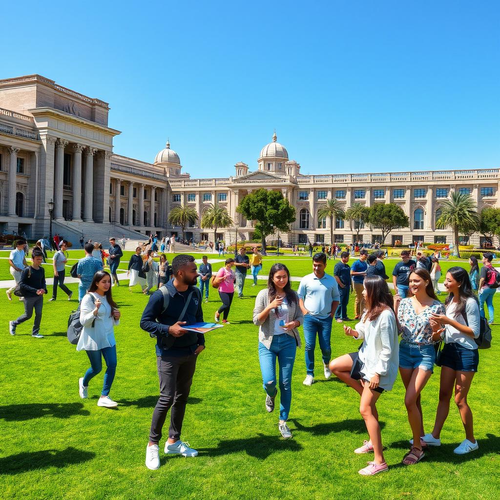 A vibrant and dynamic campus scene at Tehran University, showcasing a diverse group of university students in a friendly atmosphere