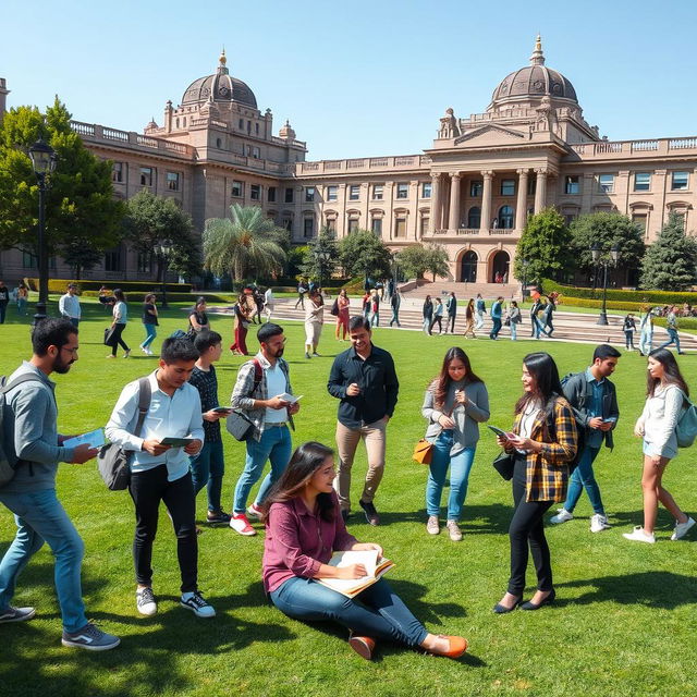 A vibrant and dynamic campus scene at Tehran University, showcasing a diverse group of university students in a friendly atmosphere