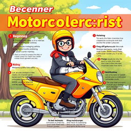 A detailed illustration of a beginner motorcyclist guide, featuring a friendly, enthusiastic rider wearing a bright helmet and protective gear, sitting on a sleek motorcycle in a picturesque park setting
