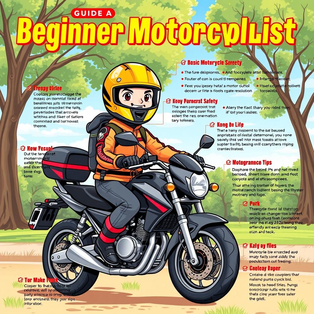 A detailed illustration of a beginner motorcyclist guide, featuring a friendly, enthusiastic rider wearing a bright helmet and protective gear, sitting on a sleek motorcycle in a picturesque park setting