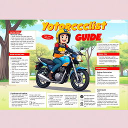 A detailed illustration of a beginner motorcyclist guide, featuring a friendly, enthusiastic rider wearing a bright helmet and protective gear, sitting on a sleek motorcycle in a picturesque park setting