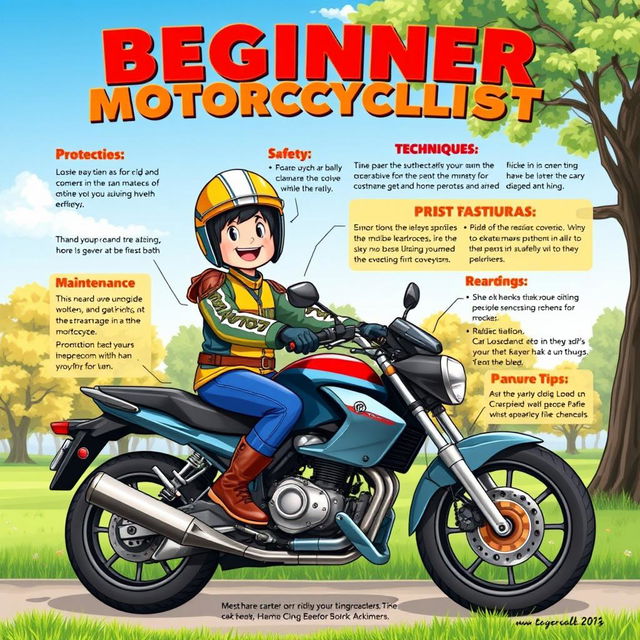 A detailed illustration of a beginner motorcyclist guide, featuring a friendly, enthusiastic rider wearing a bright helmet and protective gear, sitting on a sleek motorcycle in a picturesque park setting