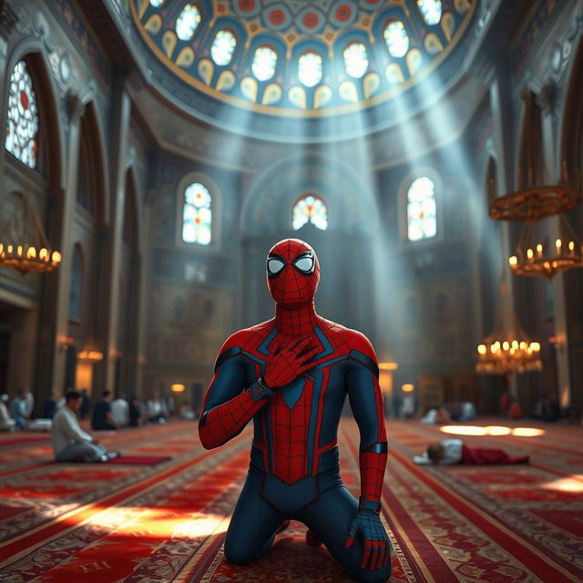 A scene depicting Spider-Man, dressed in his iconic red and blue costume, praying in a beautifully ornate mosque