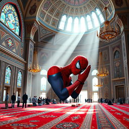 A scene depicting Spider-Man, dressed in his iconic red and blue costume, praying in a beautifully ornate mosque