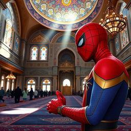 A scene depicting Spider-Man, dressed in his iconic red and blue costume, praying in a beautifully ornate mosque