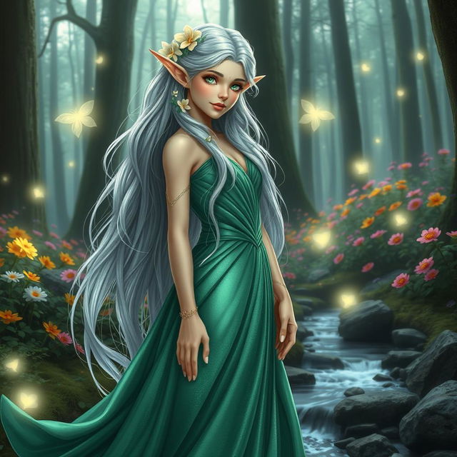 A majestic elf princess standing in an enchanted forest, with long flowing silver hair adorned with delicate flowers