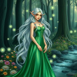A majestic elf princess standing in an enchanted forest, with long flowing silver hair adorned with delicate flowers