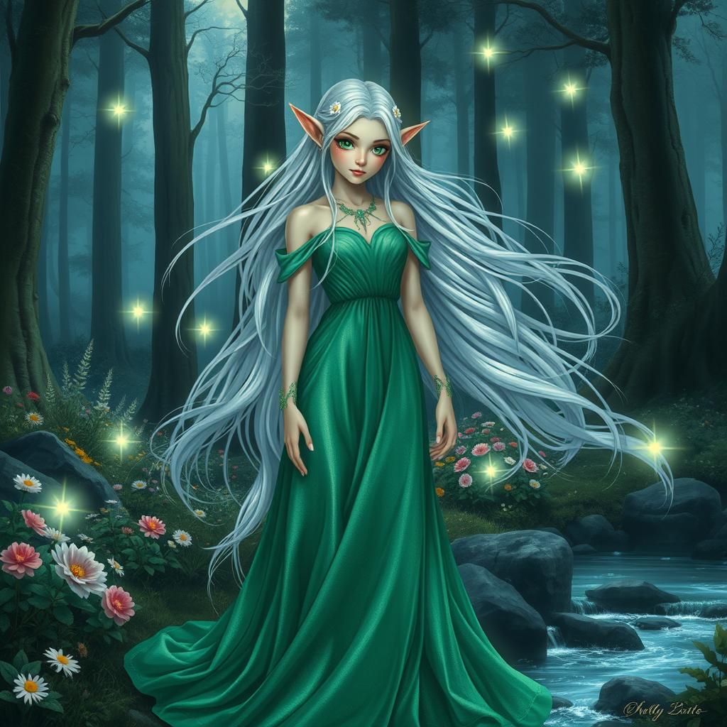 A majestic elf princess standing in an enchanted forest, with long flowing silver hair adorned with delicate flowers