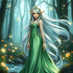 A majestic elf princess standing in an enchanted forest, with long flowing silver hair adorned with delicate flowers