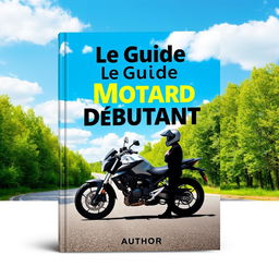 A captivating book cover design for 'Le Guide du Motard Débutant' featuring a stylish motorcycle parked on a winding road surrounded by lush green trees